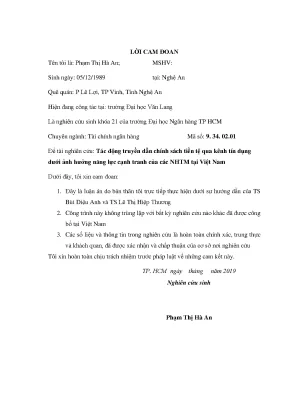 Tác động truyền dẫn chính sách tiền tệ qua kênh tín dụng dưới ảnh hưởng năng lực cạnh tranh của các ngân hàng thương mại tại việt nam