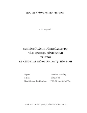 Nghiên cứu ảnh hưởng của mật độ và lượng đạm bón đến sinh trưởng và năng suất giống lúa j02 tại hòa bình
