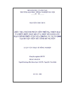 Điều tra thành phần côn trùng nhện hại và diễn biến mật độ của một số loài gây hại chính trên cây lúa trong vụ xuân 2008 tại huyên yên mỹ tỉnh hưng yên