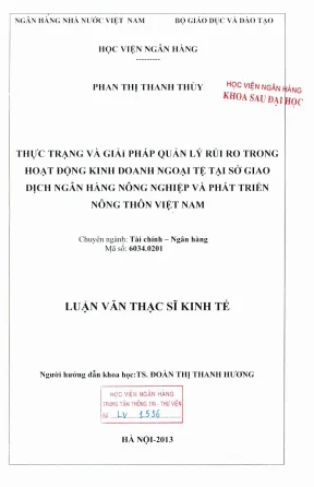 Luận văn thạc sĩ tài chính ngân hàng thực trạng và giải pháp quản lý rủi ro trong hoạt động kinh doanh ngoại tệ tại sở giao dịch ngân hàng nông nghiệp và phát triển nông thôn việt nam