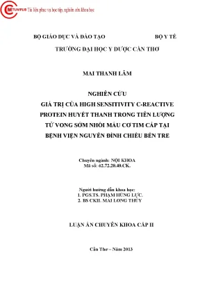 1384 nghiên cứu giá trị của high sensitivity c reactive protein huyết thanh trong tiên lượng tử vong sớm nhồi máu cơ tim cấp tại bv nguyễn đình chiểu bến t