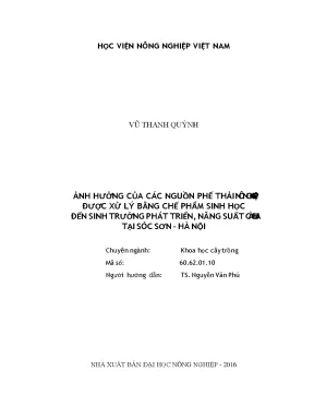 Ảnh hưởng của các nguồn phế thải nông nghiệp được xử lý bằng chế phẩm sinh học đến sinh trưởng phát triển năng suất cà chua tại sóc sơn hà nội