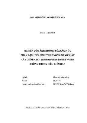 Luận văn thạc sĩ nghiên cứu ảnh hưởng của các mức phân đạm đến sinh trưởng và năng suất cây diêm mạch chenopodium quinoa willd trồng trong điều kiện hạn