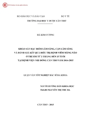 2752 khảo sát đặc điểm lâm sàng cận lâm sàng và đánh giá kết quả điều trị bệnh viêm màng não ở trẻ em từ 2 tháng đến 15 tuổi tại bv nhi đồng cần thơ năm 20