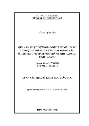 Quản lý hoạt động giáo dục trẻ mẫu giáo theo quan điểm lấy trẻ làm trung tâm ở các trường mầm non thành phố lào cai tỉnh lào cai