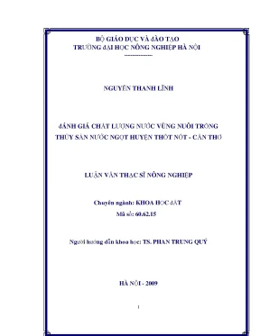 Đánh giá chất lượng nước vùng nuôi trồng thuỷ sản nước ngọt huyện thốt nốt cần thơ
