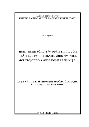 Luận văn hoàn thiện công tác quản trị nguồn nhân lực tại chi nhánh công ty trách nhiệm hữu hạn môi trường và công nghệ xanh viêt
