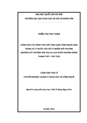 Luận văn thạc sĩ chính sách tài chính thúc đẩy ứng dụng công nghệ xanh trong xử lý nước thải gây ô nhiễm môi trường nghiên cứu trường hợp khu du lịch nước khoáng nóng thanh thủy phú thọ