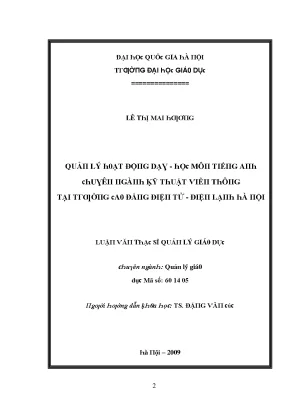 Luận văn quản lý hoạt động dạy học môn tiếng anh chuyên ngành kỹ thuật viễn thông tại trường cao đẳng điện tử điện lạnh hà nội