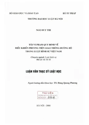 Luận văn thạc sĩ luật học tội vi phạm quy định về điều khiển phương tiện giao thông đường bộ trong luật hình sự việt nam