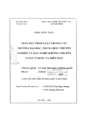 Luận án phó tiến sĩ khoa học luật học giáo dục pháp luật trong các trường đại học trung học chuyên nghiệp và dạy nghề không chuyên luật ở nước ta hiện nay