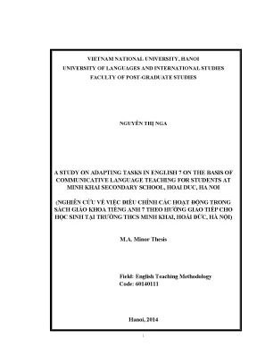 Luận văn thạc sĩ a study on adapting tasks in english 7 on the basis of communicative language teaching for students at minh khai secondary school hoai duc ha no