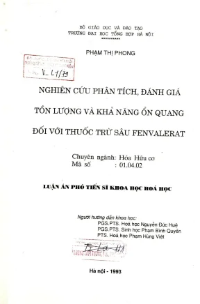 Luận án phó tiến sĩ hóa học nghiên cứu phân tích đánh giá tồn lượng và khả năng ổn quang đối với thuốc trừ sâu fenvalerat