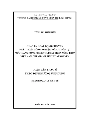 Luận văn quản lý hoạt động cho vay phát triển nông nghiệp nông thôn tại ngân hàng nông nghiệp và phát triển nông thôn việt nam chi nhánh tỉnh thái nguyên