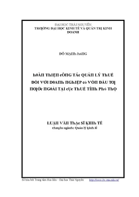 Luận văn hoàn thiện công tác quản lý thuế đối với doanh nghiệp có vốn đầu tư nước ngoài tại cục thuế tỉnh phú thọ