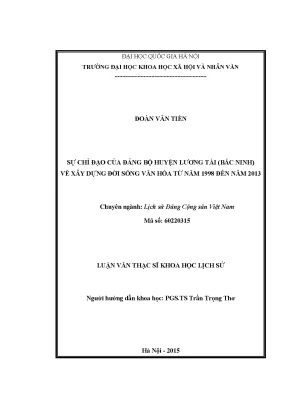 Luận văn thạc sĩ sự chỉ đạo của đảng bộ huyện lương tài bắc ninh về xây dựng đời sống văn hóa từ năm 1998 đến năm 2013