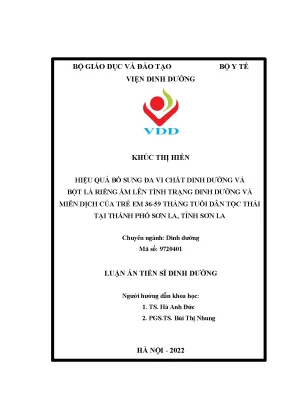 Luận án tiến sĩ hiệu quả bổ sung đa vi chất dinh dưỡng và bột lá riềng ấm lên tình trạng dinh dưỡng và miễn dịch của trẻ em 36 59 tháng tuổi dân tộc thái tại thành phố sơn la tỉnh sơn la