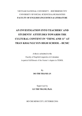 An investigation into teachers and students attitudes twoards the cultural content in tieng anh 11 at tran khai nguyen high school hcmc m a