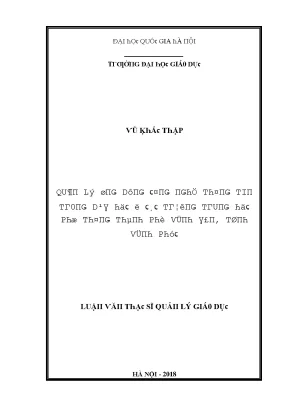 Luận văn quản lý ứng dụng công nghệ thông tin trong dạy học ở các trường trung học phổ thông thành phố vĩnh yên tỉnh vĩnh phúc