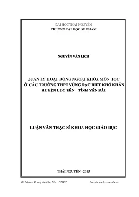 Luận văn quản lý hoạt động ngoại khóa môn học ở các trường thpt vùng đặc biệt khó khăn huyện lục yên tỉnh yên bái