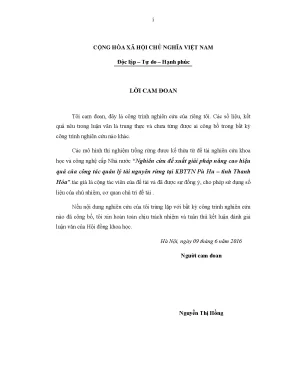 Luận văn nghiên cứu giải pháp nâng cao hiệu quả của công tác quản lý tài nguyên rừng tại kbttn pù hu tỉnh thanh hóa