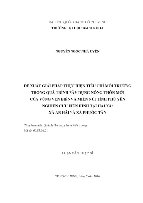 Luận văn thạc sĩ quản lý tài nguyên và môi trường đề xuất giải pháp thực hiện tiêu chí môi trường trong quá trình xây dựng nông thôn mới của vùng ven biển và miền núi tỉnh phú yên nghiên cứu điển hình tại hai xã xã an hải và xã phước tân