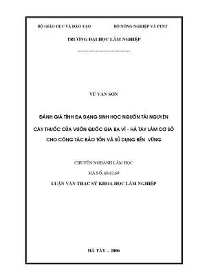Luận văn đánh giá tính đa dạng sinh học nguồn tài nguyên cây thuốc của vườn quốc gia ba vì hà tây làm cơ sở cho công tác bảo tồn và sử dụng bền vững