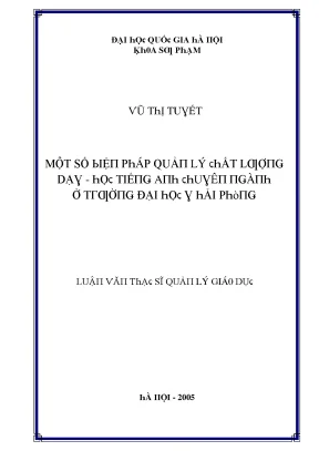 Luận văn một số biện pháp quản lý chất lượng dạy học tiếng anh chuyên ngành ở trường đại học y hải phòng