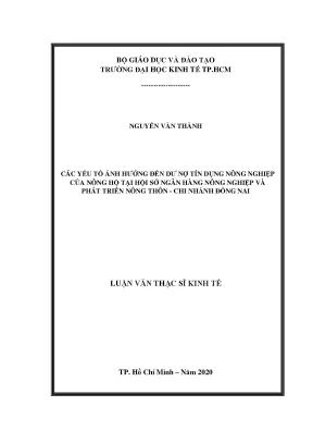 Luận văn các yếu tố ảnh hưởng đến dư nợ tín dụng nông nghiệp của nông hộ tại hội sở ngân hàng nông nghiệp và phát triển nông thôn chi nhánh đồng nai