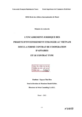Luận án nghiên cứu lencadrement juridique des projets dinvestissement étranger au vietnam sous la forme contrat de coopération daffaires et le contrat type