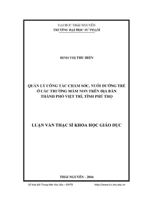 Luận văn quản lý công tác chăm sóc nuôi dưỡng trẻ ở các trường mầm non trên địa bàn thành phố việt trì tỉnh phú thọ