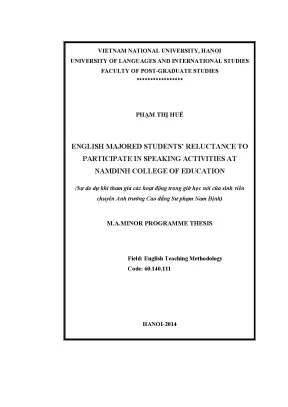 Luận văn thạc sĩ english majored students reluctance to participate in speaking activities at namdinh college of education m a thesis linguisitcs 60 14 01