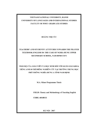 Luận văn thạc sĩ teachers and students attitudes towards the piloted textbook english 10 the case of nghia hung upper secondary school nam dinh city