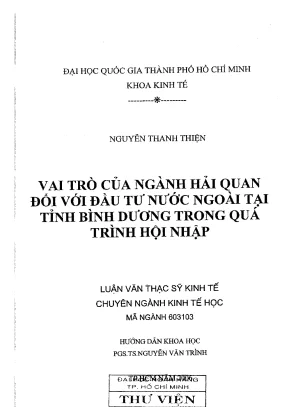 Luận văn thạc sĩ vai trò của ngành hải quan đối với đầu tư nước ngoài tại tỉnh bình dương trong quá trình hội nhập