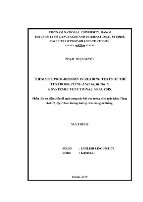 Luận văn thạc sĩ thematic progression in reading texts of the textbook tiếng anh 10 book 1 a systemic functional analysis