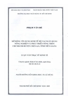 Luận văn thạc sĩ mở rộng tín dụng kinh tế hộ tại ngân hàng nông nghiệp và phát triển nông thôn chi nhánh huyện chợ gạo tỉnh tiền giang