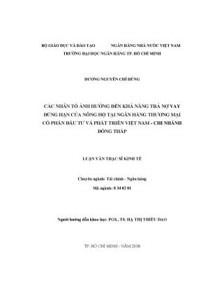 Luận văn thạc sĩ các nhân tố ảnh hưởng đến khả năng trả nợ vay đúng hạn của nông hộ tại ngân hàng thương mại cổ phần đầu tư và phát triển việt nam chi nhánh đồng tháp