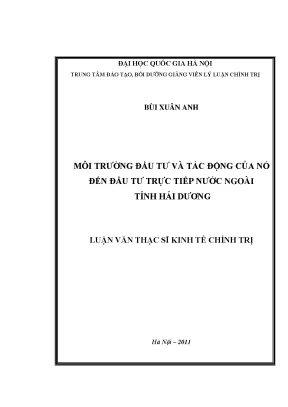 Luận văn thạc sĩ môi trường đầu tư và tác động của nó đến đầu tư trực tiếp nước ngoài tỉnh hải dương