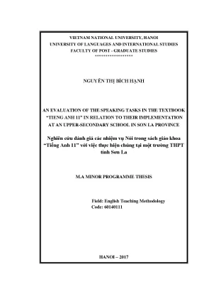 Luận văn thạc sĩ an evaluation of the speaking tasks in the textbook tieng anh 11 in relation to their implementation at an upper secondary school in son la province