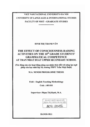 Luận văn thạc sĩ the effect of consciousness raising activities on the 10th grade students grammatical competence at tran nhat duat upper secondary school001