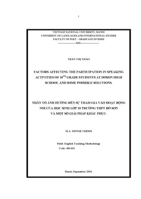 Luận văn thạc sĩ factors affecting the participation in speaking activities of 10th grade students at doson high school and some possible solutions