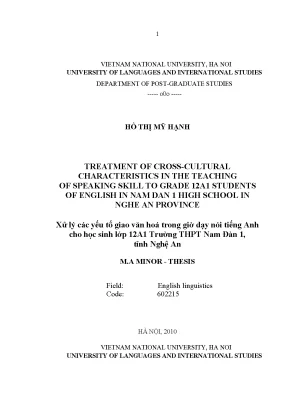 Luận văn thạc sĩ treatment of cross cultural characteristics in the teaching of speaking to grade 12a1 students of english in nam dan 1 high school in nghe an province