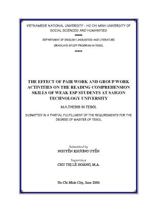 The effect of pair work and group work activities on the reading comprehension skills of weak esp students at saigon technology university