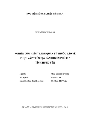 Luận văn nghiên cứu hiện trạng quản lý thuốc bảo vệ thực vật trên địa bàn huyện phù cừ tỉnh hưng yên