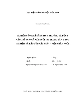 Luận văn nghiên cứu khả năng sinh trưởng và bệnh cầu trùng ở gà mía nuôi tại trung tâm thực nghiệm và bảo tôn vật nuôi viện chăn nuôi