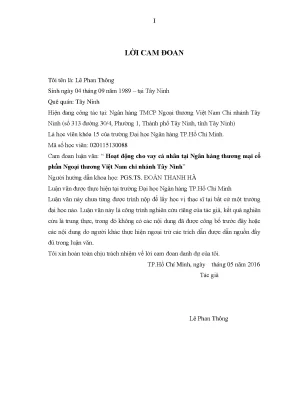 Luận văn hoạt động cho vay cá nhân tại ngân hàng thương mại cổ phần ngoại thương việt nam chi nhánh tây ninh