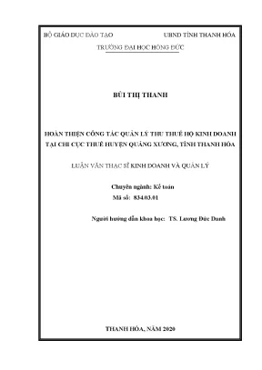 Hoàn thiện công tác quản lý thu thuế hộ kinh doanh tại chi cục thuế huyện quảng xương tỉnh thanh hóa