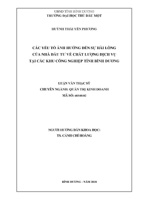 Các yếu tố ảnh hưởng đến sự hài lòng của nhà đầu tư về chất lượng dịch vụ tại các khu công nghiệp bình dương