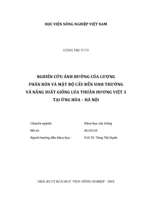 Luận văn nghiên cứu ảnh hưởng của lượng phân bón và mật độ cấy đến sinh trưởng và năng suất giống lúa thuần hương việt 3 tại ứng hòa hà nội