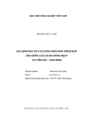 Luận văn xác định mật độ và lượng phân bón thích hợp cho giống lúa lai hai dòng hq19 tại tiền hải thái bình